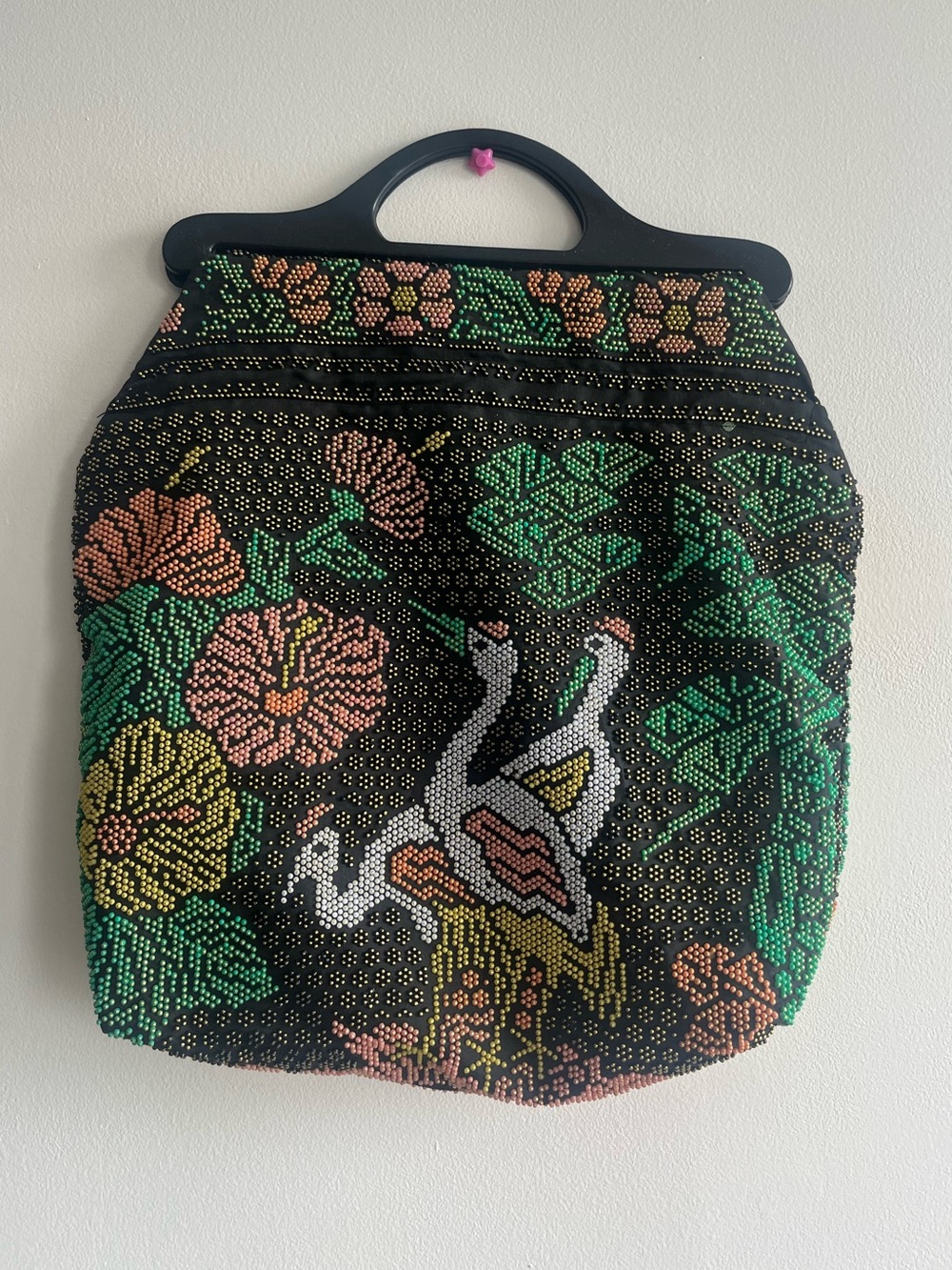 VTG Beaded Crane Bird Floral Black Evening Bag Rare Collectible Boho Statement